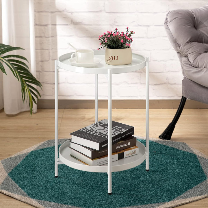 HollyHOME Runder Beistelltisch, 2 Ebenen Beistelltisch Metalltablett, Snacktisch, Couchtisch, Teetis