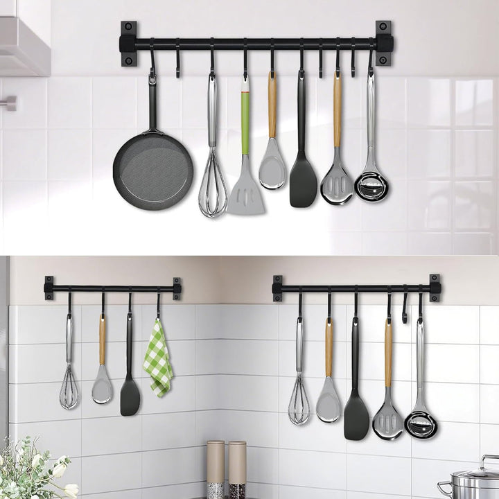 Smallboutique Schwarzer Aluminium-Utensilienhalter, Küchenregal zur Wandmontage, Küchenschienen-Pfan