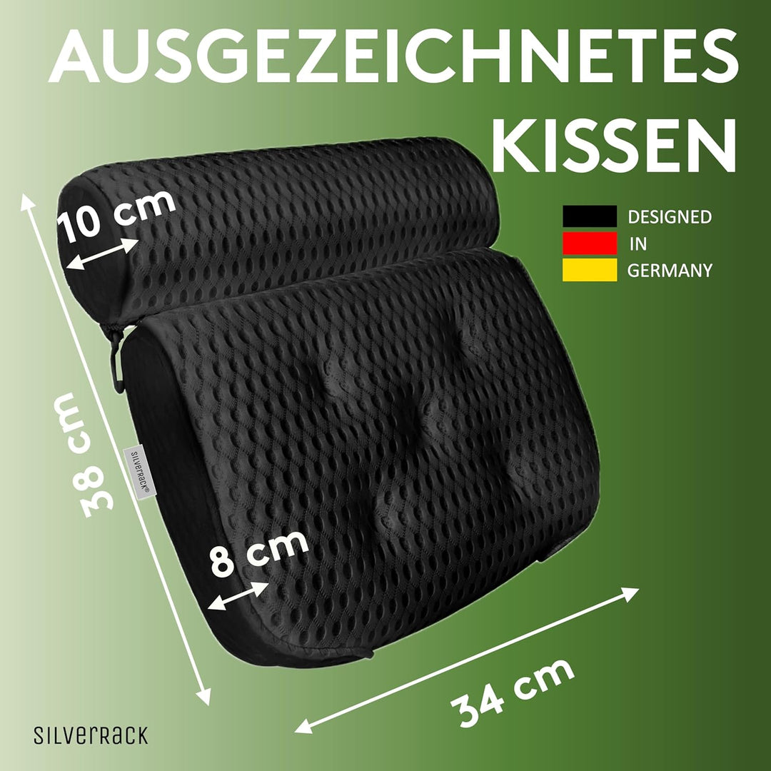 SilverRack Badewannenkissen MEDIUM-WEICH [Schwarz 4D] - Nackenkissen für Badewanne mit Saugnäpfen al