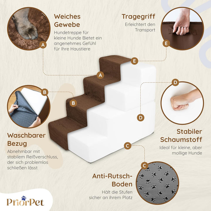 Hundetreppe für Bett - 4 Stufen Hunderampe 58cm hoch - Schaumstoff Treppe für kleine Hunde - Sichere