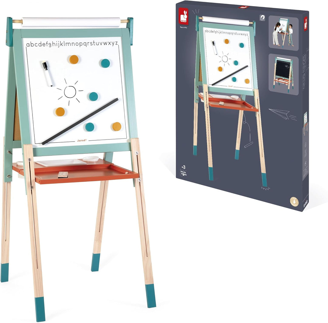 Janod - Doppelseitige Holzstaffelei - Erweiterbar, höhenverstellbar - Weisse Magnettafel + Kreidesch