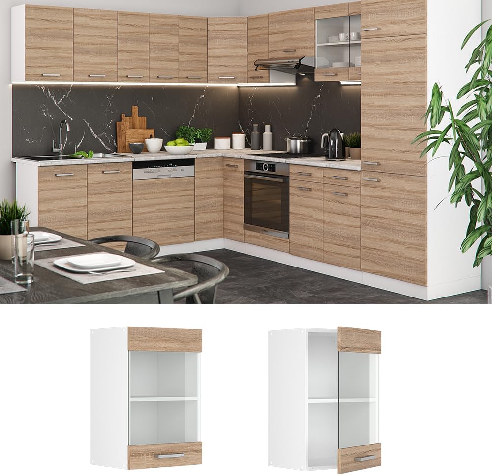 Vicco Küchenschrank Glas R-Line, Sonoma/Weiss, 40 cm Sonoma Hängeglasschrank 40cm, Sonoma Hängeglass