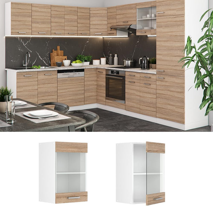 Vicco Küchenschrank Glas R-Line, Sonoma/Weiss, 40 cm Sonoma Hängeglasschrank 40cm, Sonoma Hängeglass