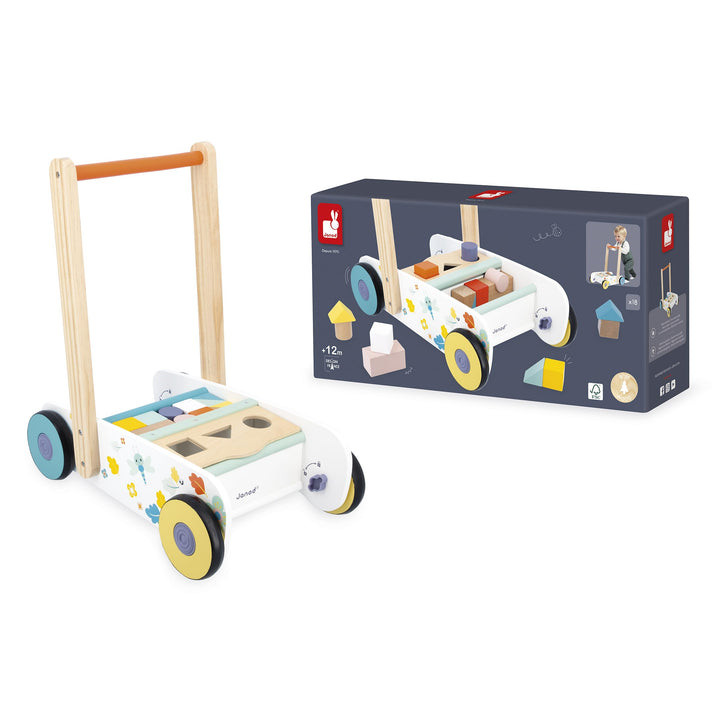 Janod – Lauflernwagen aus Holz für Babys und Kinder Ab 12 Monaten – 18 Holzteile inklusive + Formkas