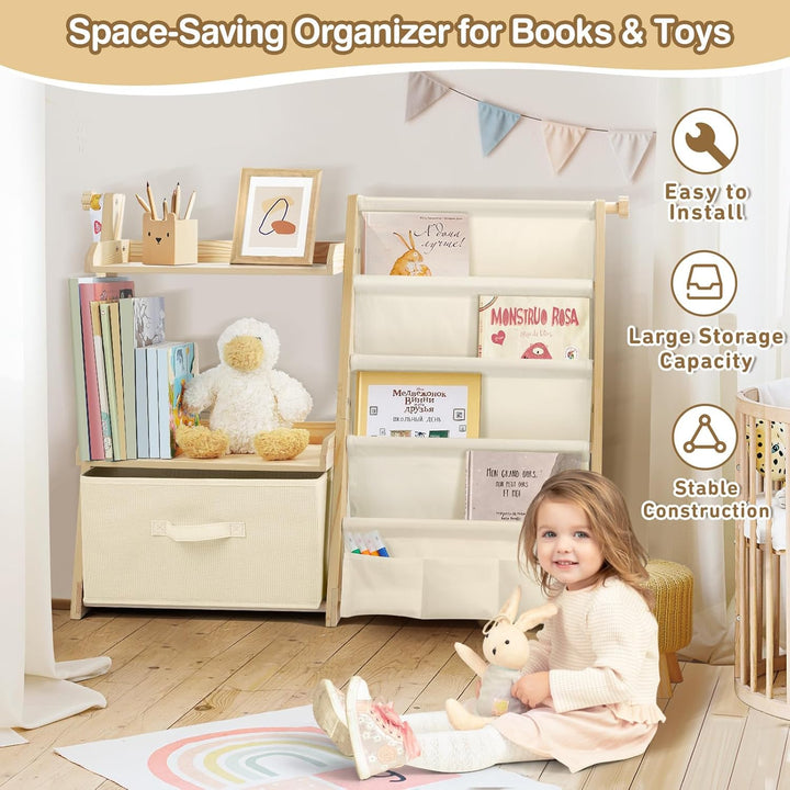 Bücherregal Kinder Kinderzimmer Spielzeug Aufbewahrung mit 4 Regalebenen & Aufbewahrungsbox, Kinderr