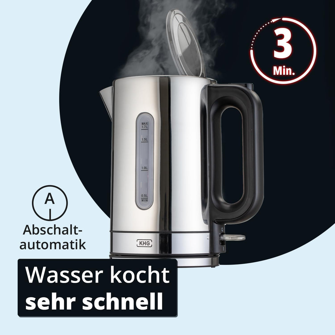 KHG Wasserkocher WK-1702 (ES) | aus Edelstahl für 1,7 Liter Kapazität | Wasserstandsanzeige | Trocke