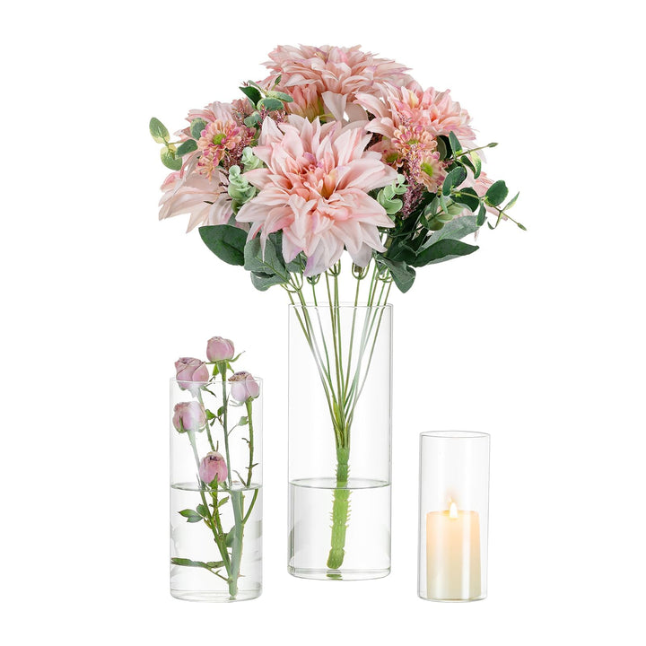 Glasseam Deko Vase Glas Zylinder Tischdeko 3 Stück/Satz Blumen Vasen Set Modern Glasvase Rund Glaszy