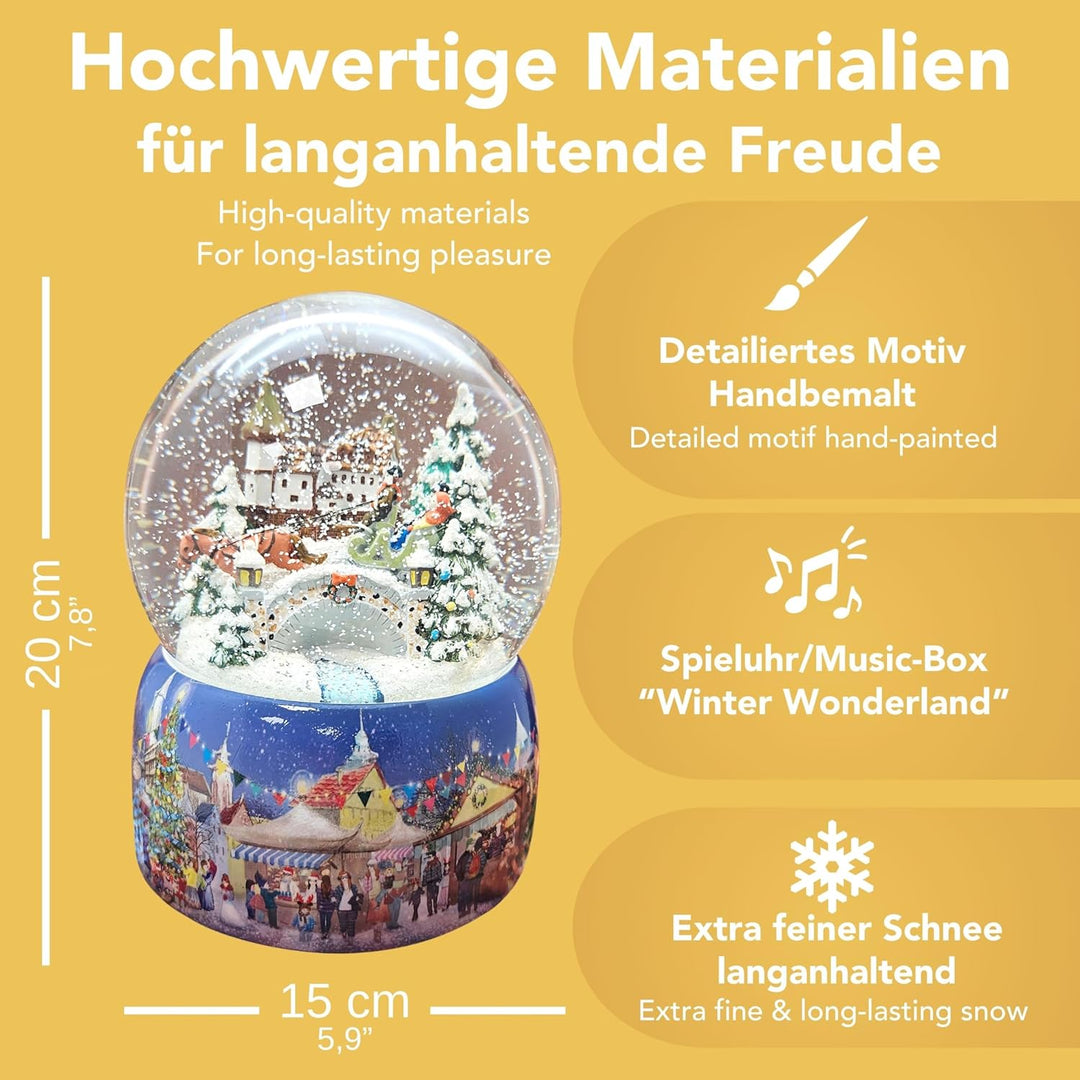 Schneekugel Weihnachten Spieluhr | Nostalgie Pferdekutsche über Brücke | Sockel Winterlandschaft | M