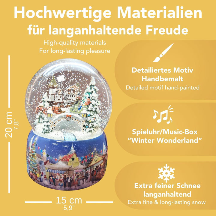 Schneekugel Weihnachten Spieluhr | Nostalgie Pferdekutsche über Brücke | Sockel Winterlandschaft | M
