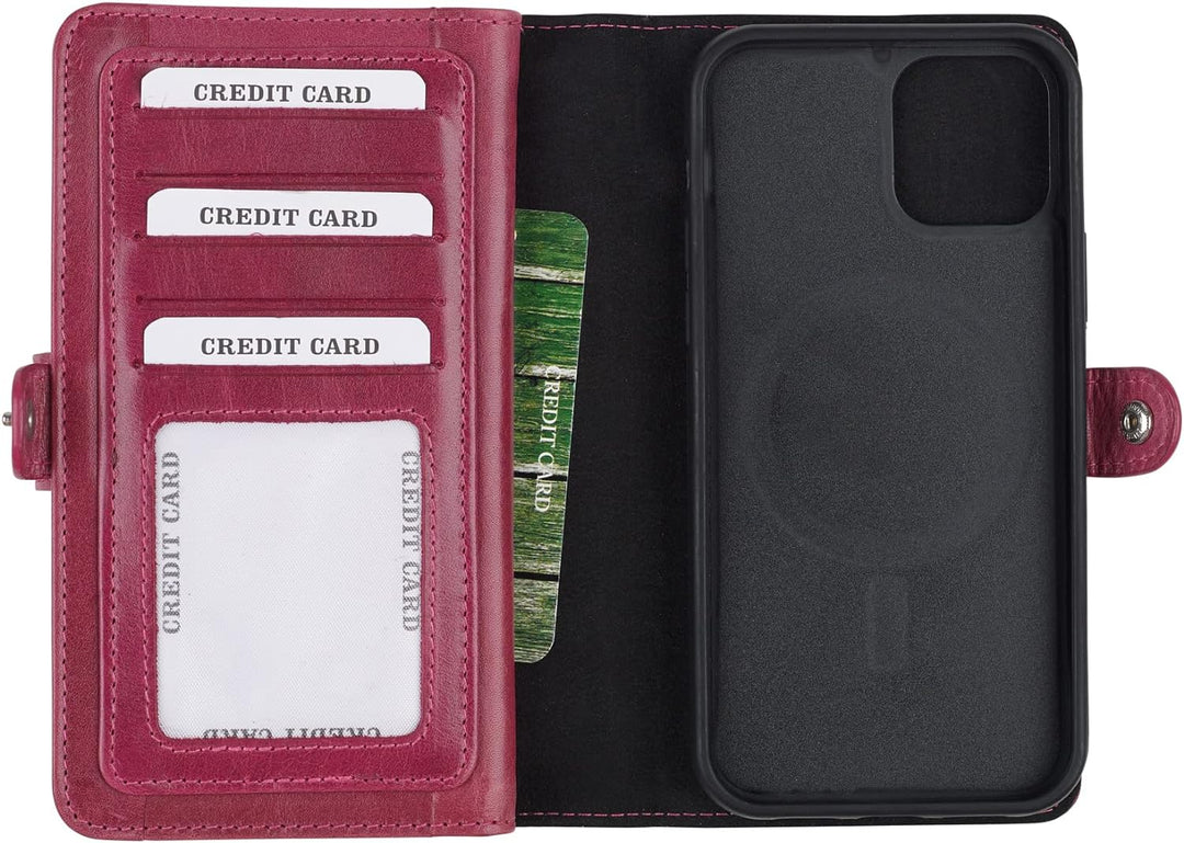 HANS/SON iPhone 13 Lederhülle mit Geldbörse | 2-in-1 Handyhülle in Magenta aus Echtleder | iPhone 13