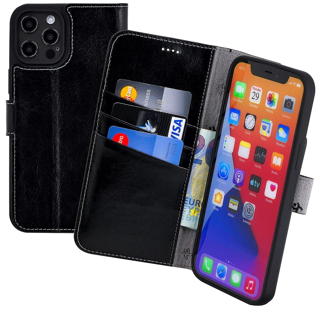 Suncase Book-Style Hülle kompatibel mit iPhone 12 Pro Max (6.7") Leder Tasche (Slim-Fit) Lederhülle