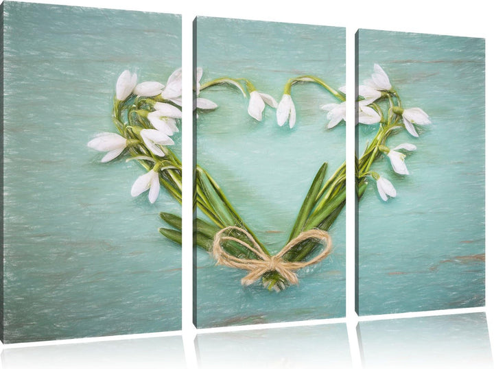 Pixxprint Herz aus Blumen Kunst Buntstift Effekt 3-Teiler Leinwandbild 120x80 Bild auf Leinwand