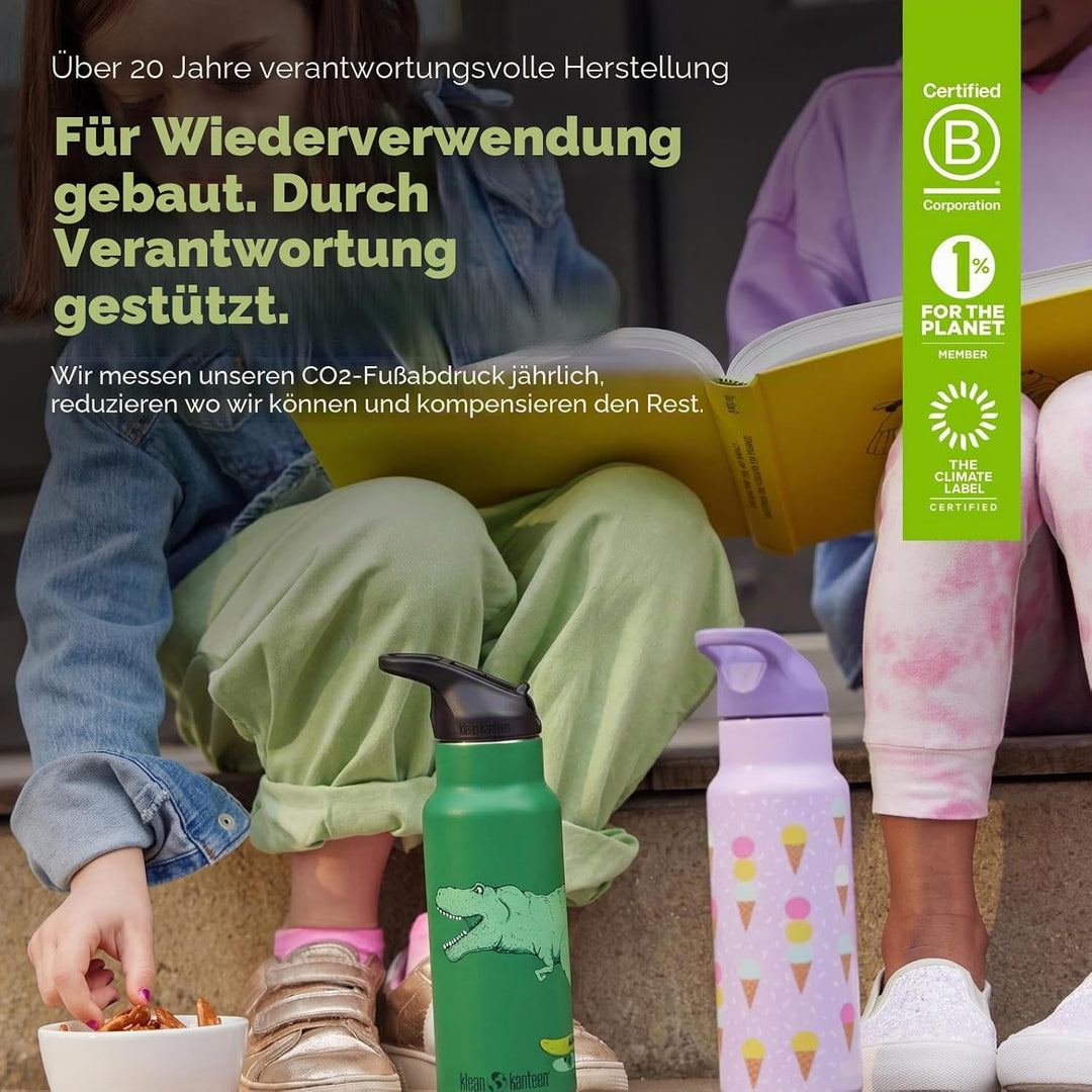 KLEAN KANTEEN Isolierte Kinderflasche, 355ml, mit Flip Sport Cap und Edelstahl-Trinkhalm, Grün/Dino