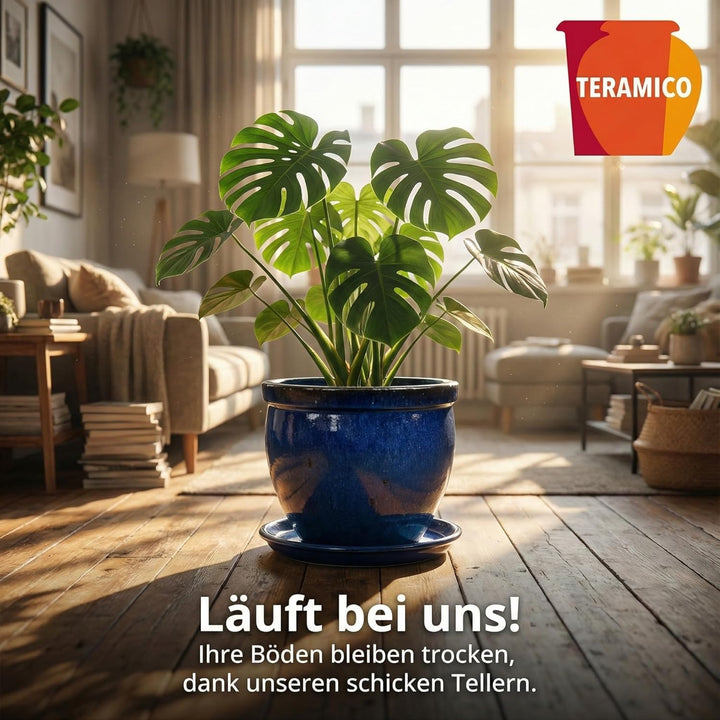 Teramico Vogeltränke/Teller/Untersetzer für Pflanzgefässe Blumentöpfe Blau Weiss Anthrazit glasiert