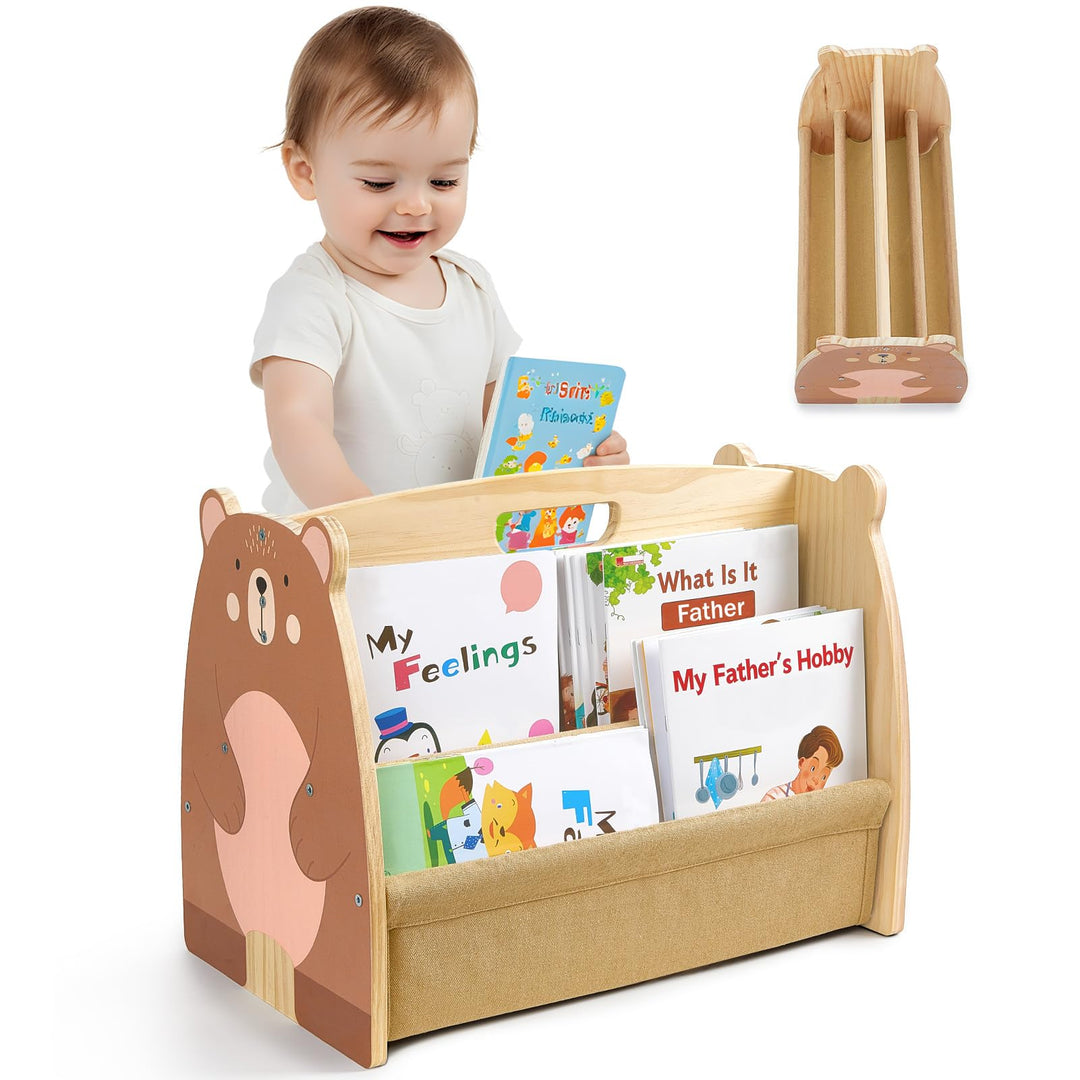 MHJY Bücherregal Kinder, doppelseitiges Holzregal mit robusten Canvas-Taschen, Montessori Stil, trag