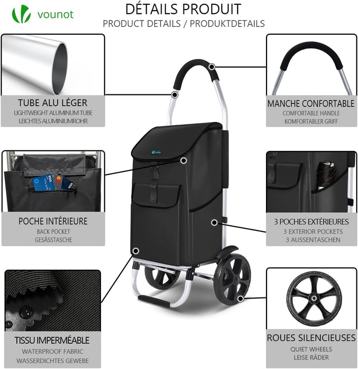 VOUNOT® Einkaufstrolley Klappbar aus Aluminium mit 58L Wasserdichter Tasche, 2 Extra grosse Räder mi