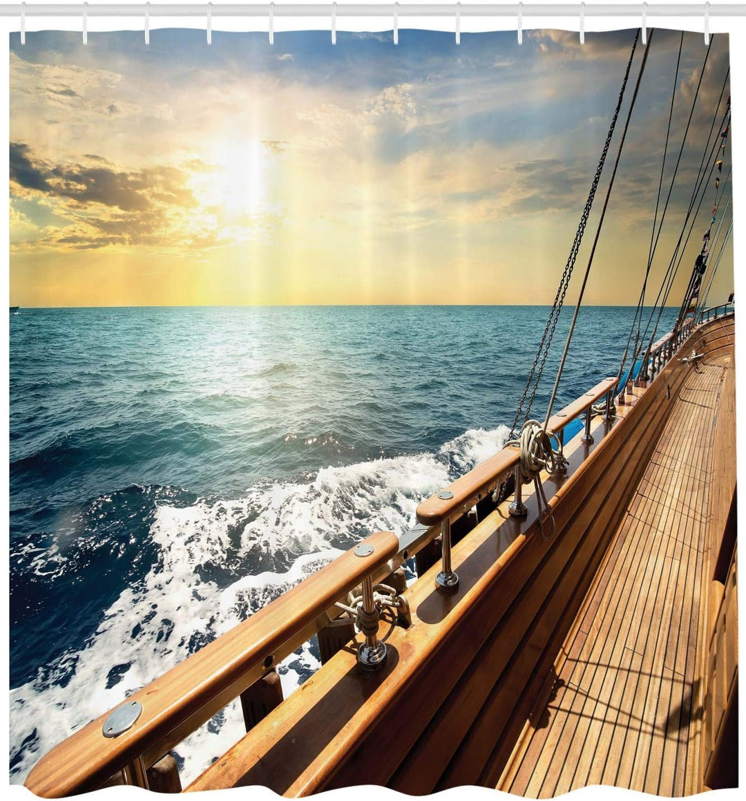 ABAKUHAUS Nautisch Duschvorhang, Segelboot-Sonnenuntergang Meer, Stoffliches Gewebe Badezimmerdekora