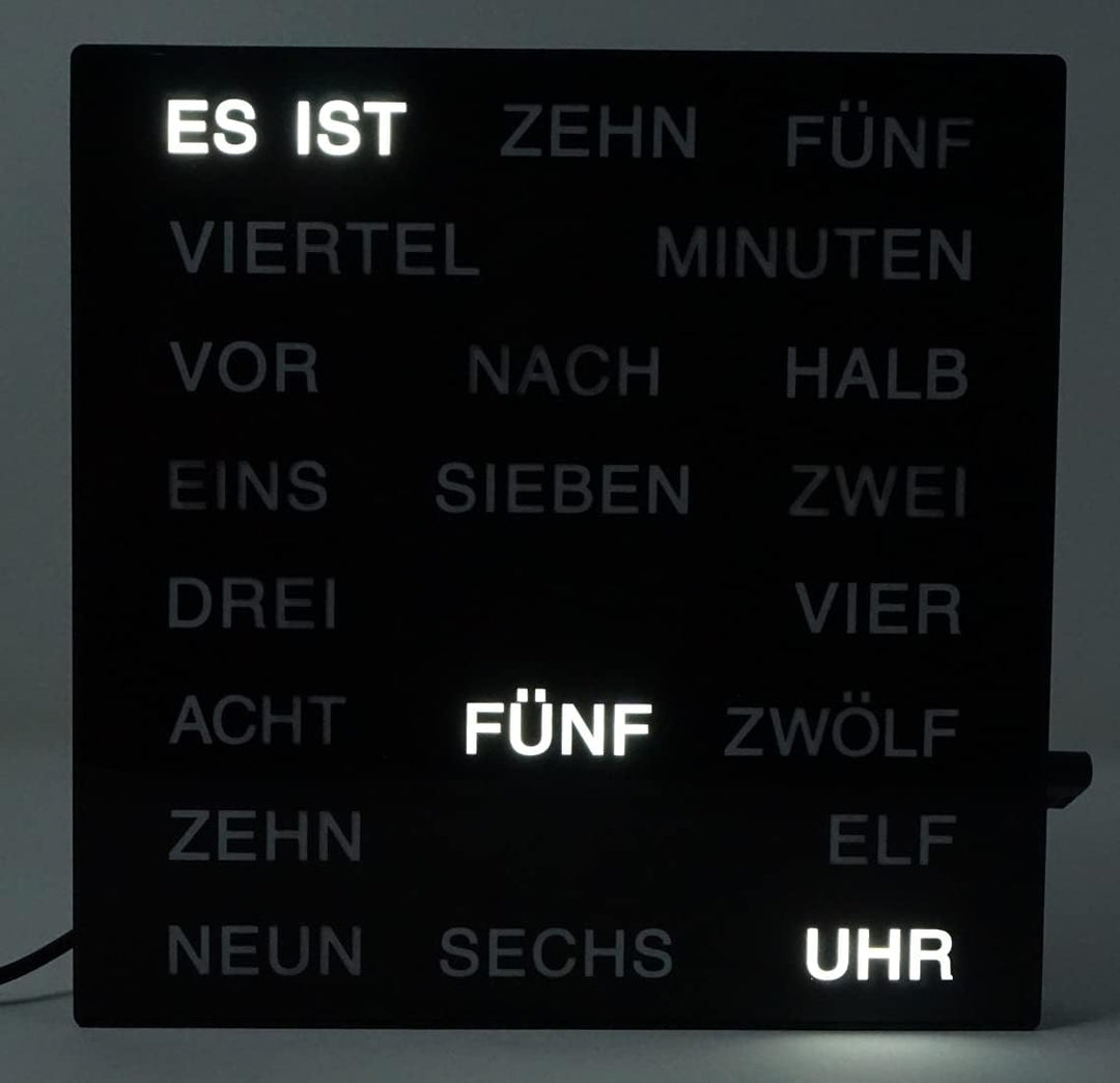 Uhr mit Deutscher LED Wort Anzeige Wortuhr schwarz 20x20 cm Tischuhr Wanduhr