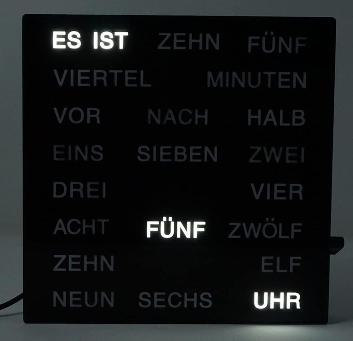 Uhr mit Deutscher LED Wort Anzeige Wortuhr schwarz 20x20 cm Tischuhr Wanduhr