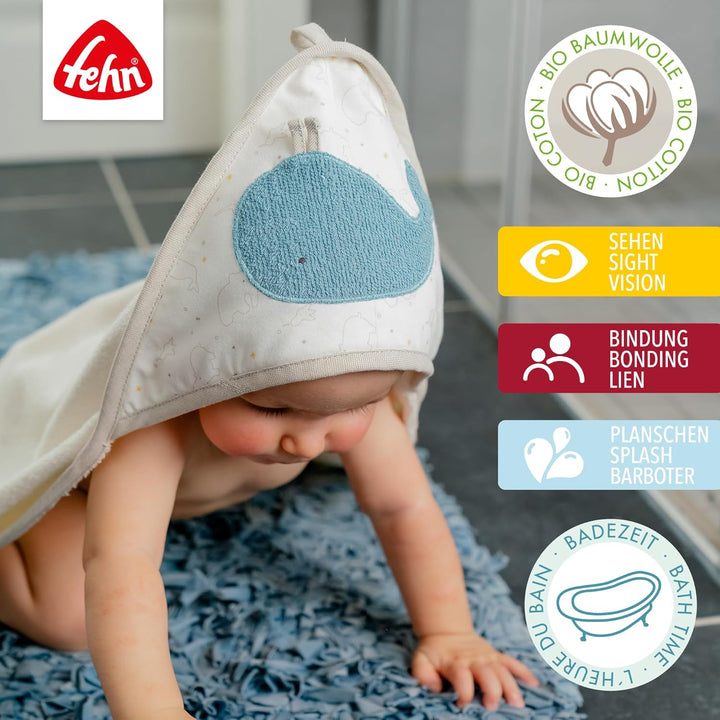 Fehn Baby Wal Badetuch & Waschhandschuh Bade-Set - Kapuzenhandtuch mit süssem Wal - Kinder Poncho au