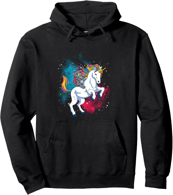Eine Katze, die im Weltall auf einem Einhorn reitet Pullover Hoodie