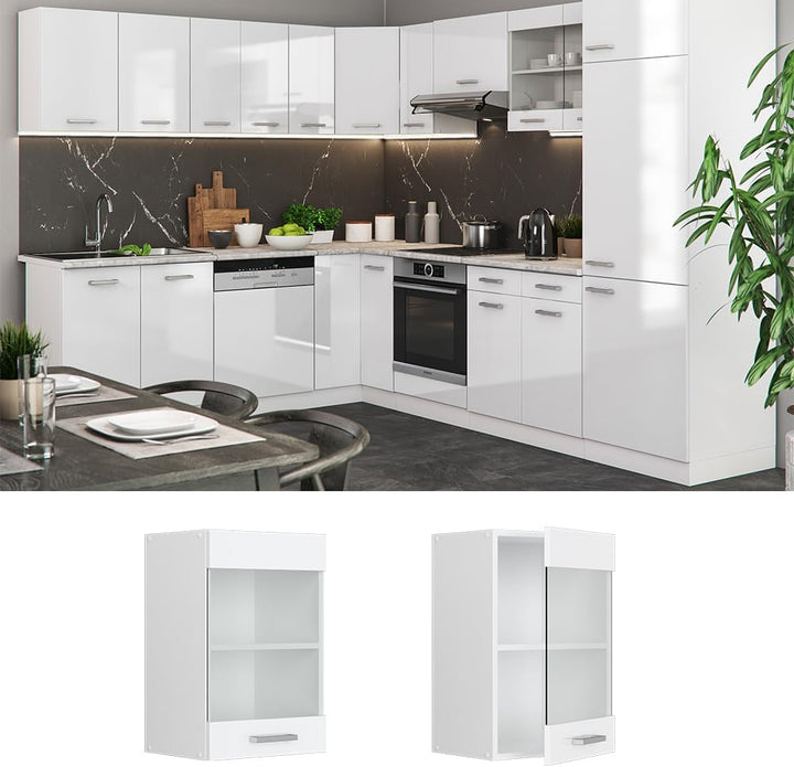 Vicco Küchenschrank Glas R-Line, Weiss Hochglanz/Weiss, 40 cm Weiss Hochglanz Hängeglasschrank 40cm,