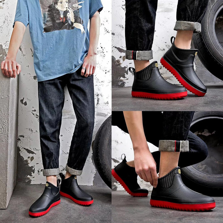 Herren Gummistiefel Kurz Wasserdicht rutschfest Stadt Regenstiefel 44 EU Schwarz Rot A1, 44 EU Schwa