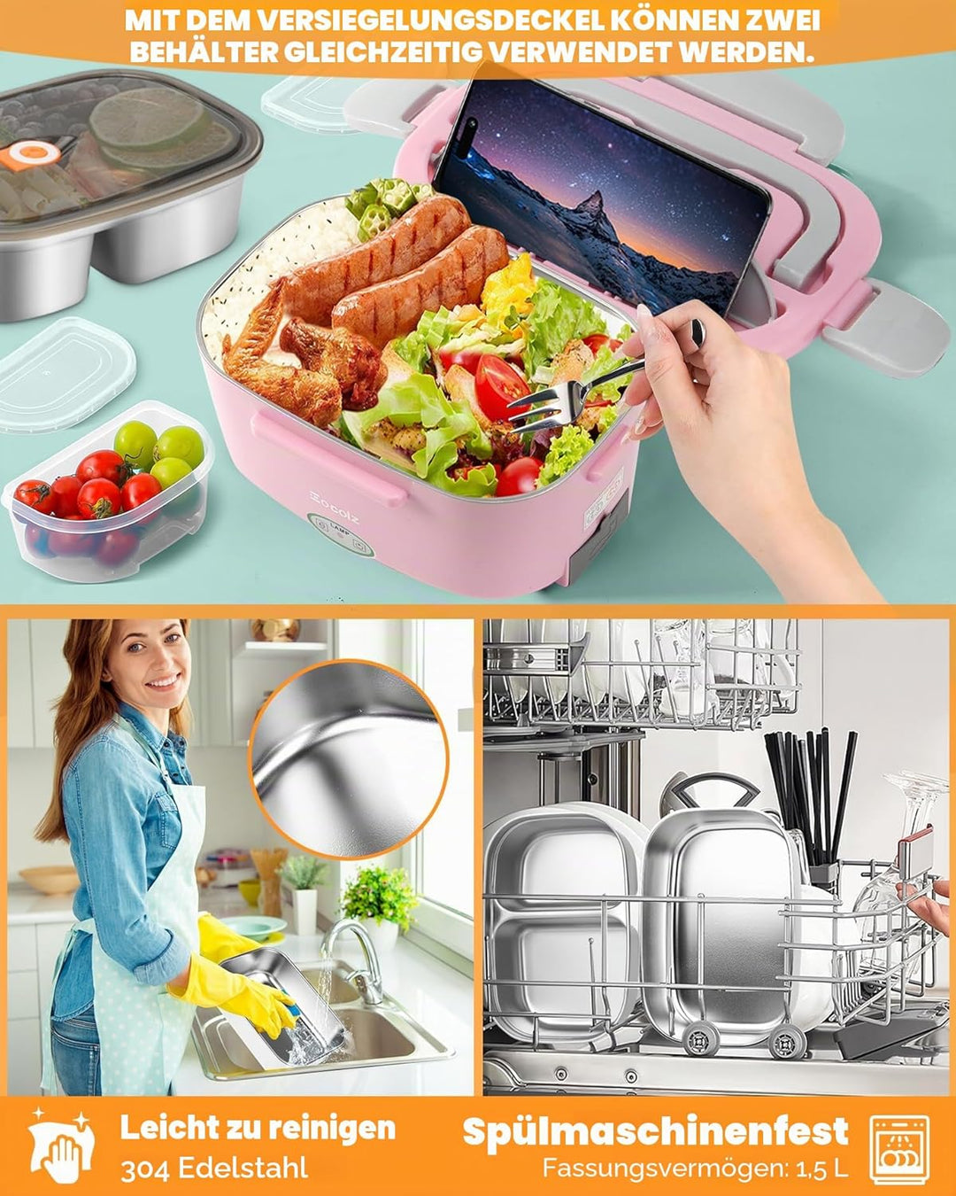 Eocolz Elektrische Lunchbox mit Speisenwärmer 80-100W, tragbarer 1,5L-Behälter mit zwei Behältern fü