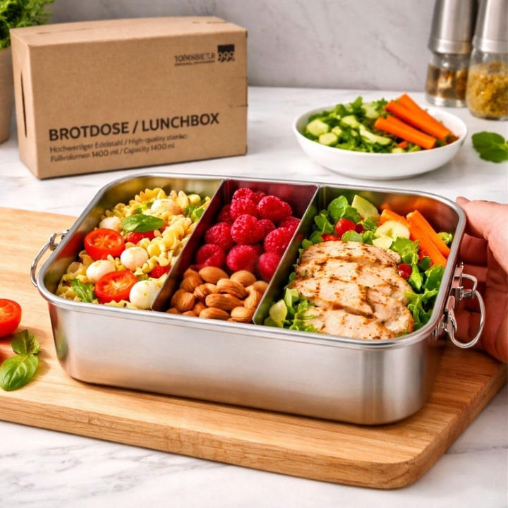 2x Premium Lunchbox 1400 ml aus Edelstahl – auslaufsichere Brotzeitbox mit 2 Trennwand & Dichtung –