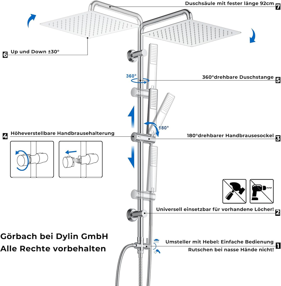 Görbach Edelstahl Duschset ohne Armatur, Chrom Duschsystem mit Regenduschset, Duschgarnitur, Handbra