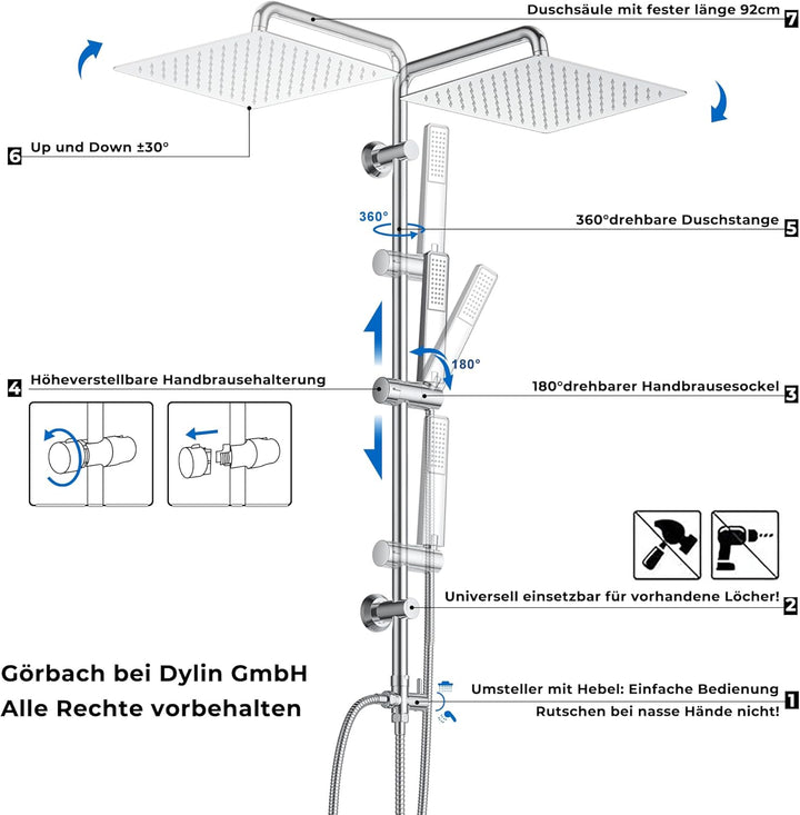 Görbach Edelstahl Duschset ohne Armatur, Chrom Duschsystem mit Regenduschset, Duschgarnitur, Handbra