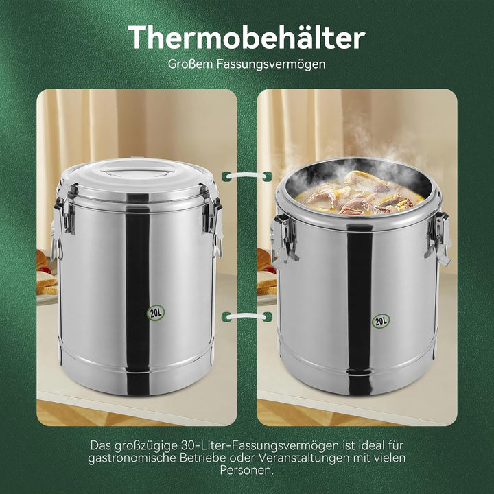 Thermobehälter, 20L Edelstahl Isoliert Eimer, Versiegelter isolierter Suppenbehälter mit Deckel und