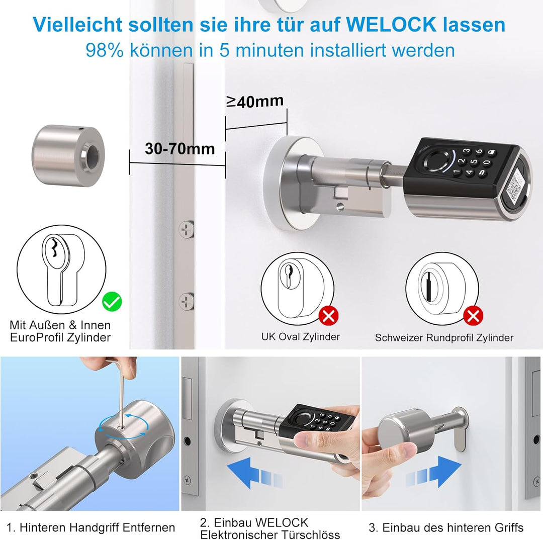 WELOCK ToucA51 Türschloss Fingerabdruck, Passcode Fingerabdruck Schloss Haustür, mit RFID-Karte App,