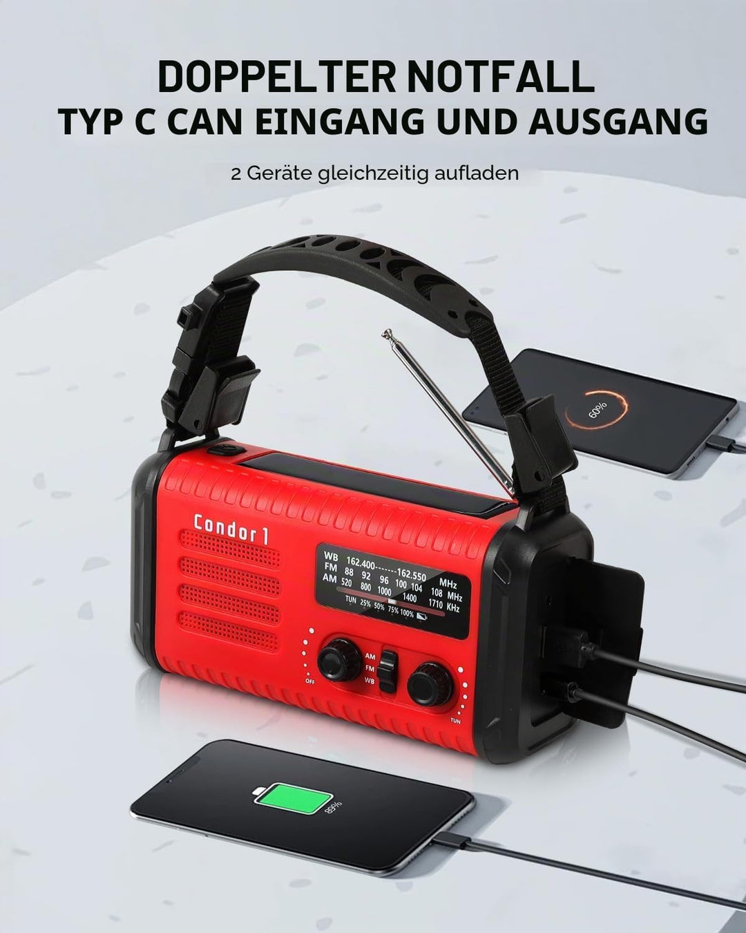 20000mAh Kurbelradio, tragbares Solar-Notfallradio mit AM/FM-Empfang, SOS Alarm, LED-Leselicht und T