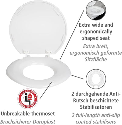 WENKO WC-Sitz Torino XXL, WC-Sitz aus bruchsicherem Duroplast mit extra breiter und ergonomisch gefo