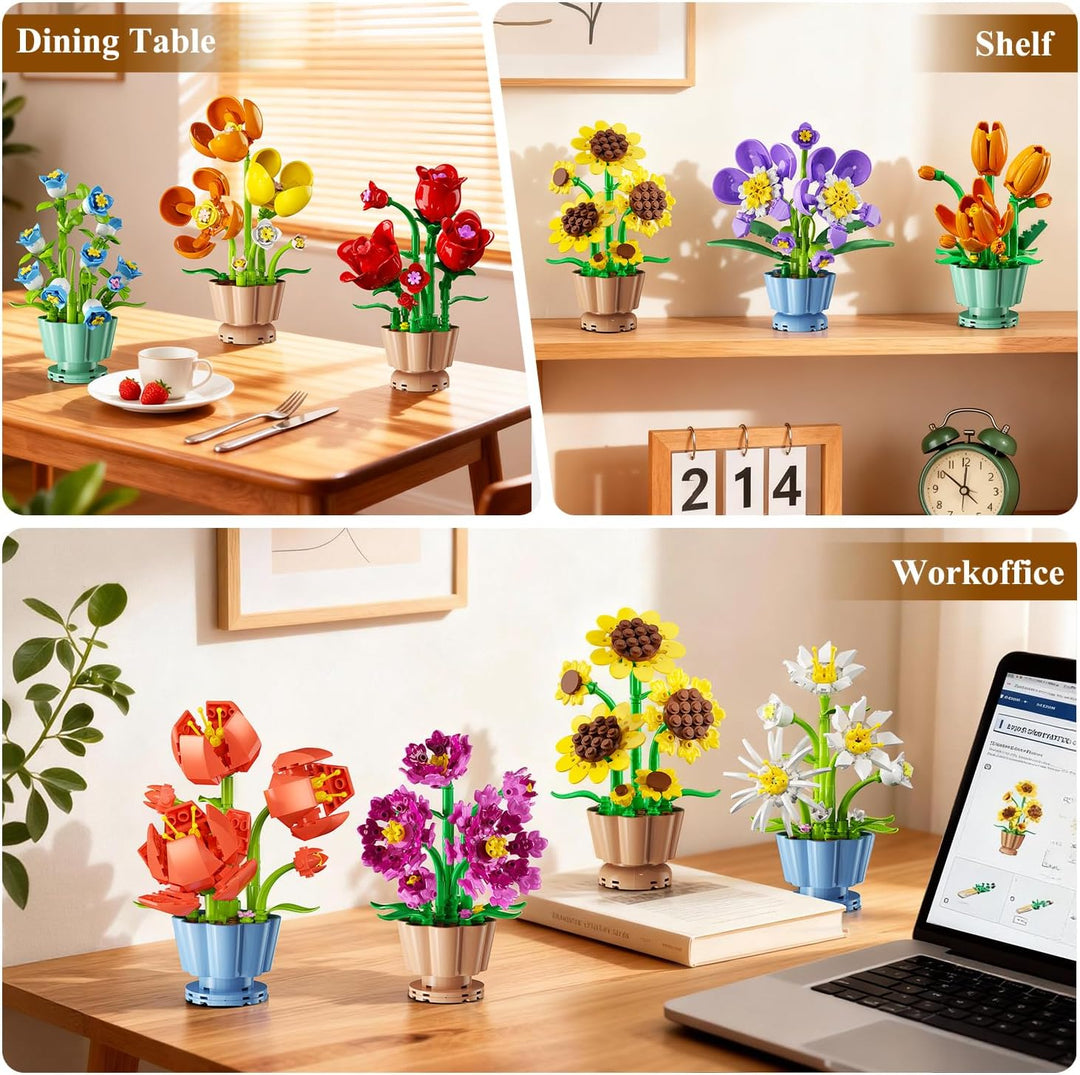9 Blumen Bausatz 3,6MM Mini Bausteine Botanicals Collection Bausteinspielzeug, Künstliche Blumenpfla