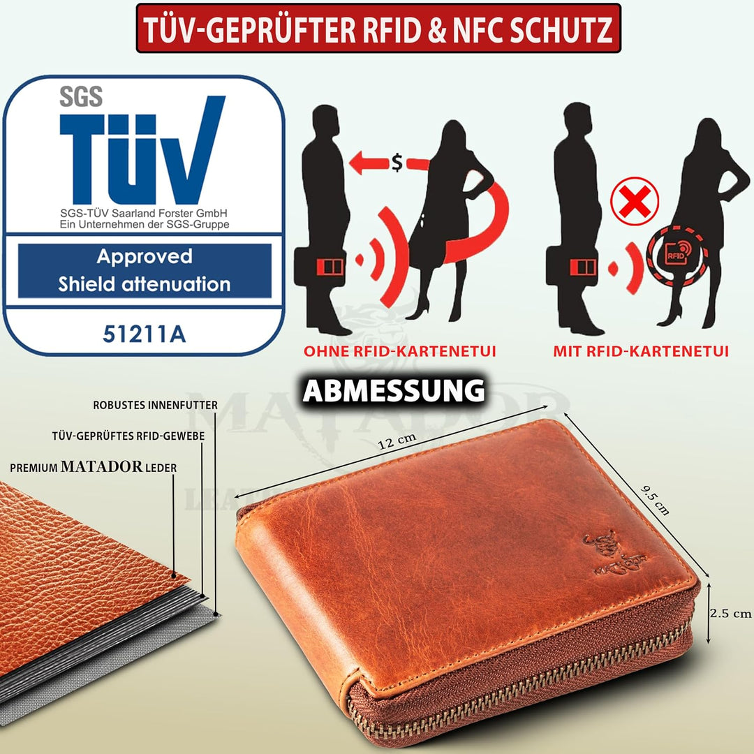 MATADOR Herren Geldbörse Leder - Echtleder Portemonnaie Damen Geldbeutel Leder - TÜV geprüfter RFID