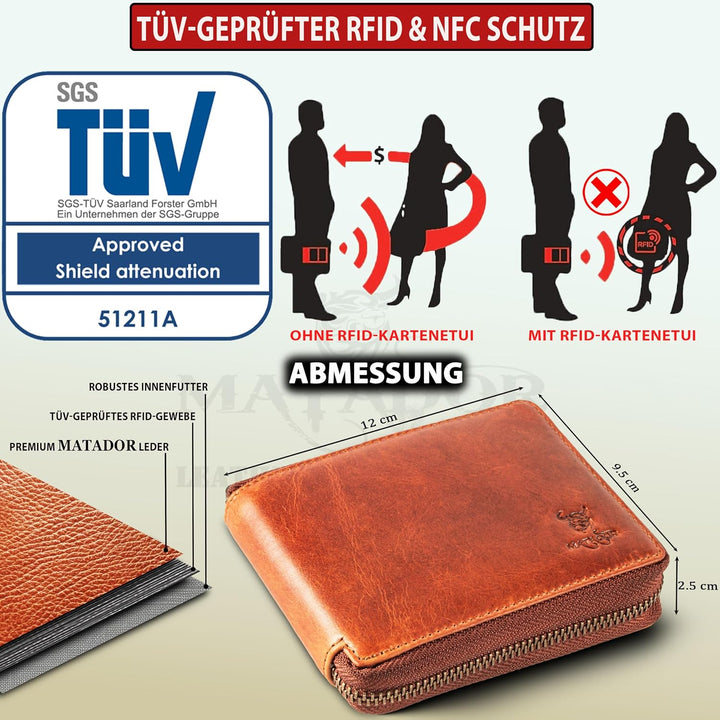 MATADOR Herren Geldbörse Leder - Echtleder Portemonnaie Damen Geldbeutel Leder - TÜV geprüfter RFID