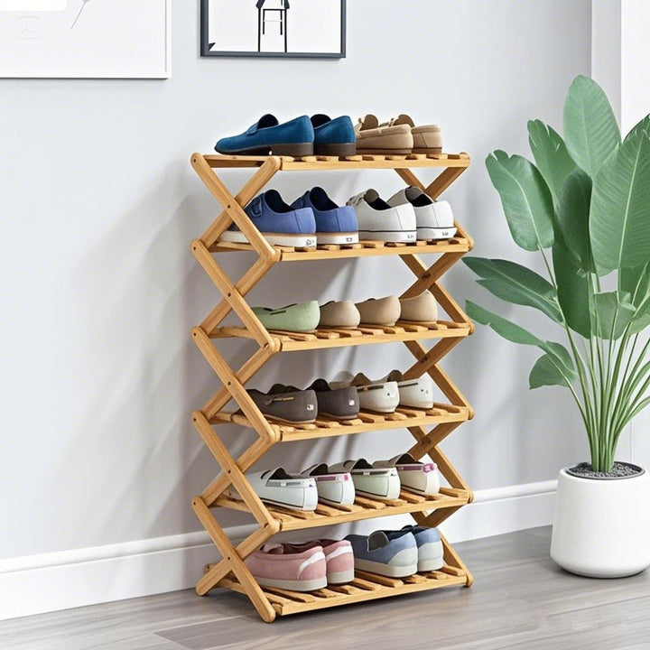 Schuhregal aus Bambus mit 6 Etagen, tragbar, zusammenklappbar, ohne Installation, kleines Schuhregal