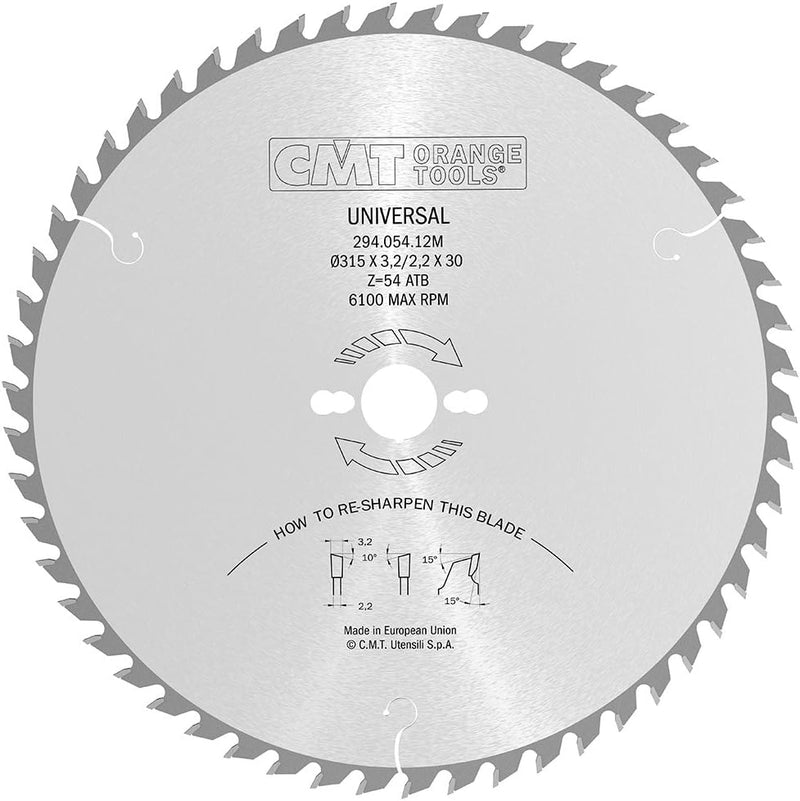 CMT Orange Tools Kreissägeblatt HW 315 x 3,2 / 2,2 x 30 Z=54 10° ATB - 294.054.12M - für Querschnitt