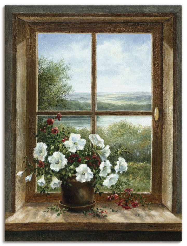 Artland Leinwandbild Wandbild Bild auf Leinwand 60x80 cm Wanddeko Fensterblick Blumen Fenster Landsc