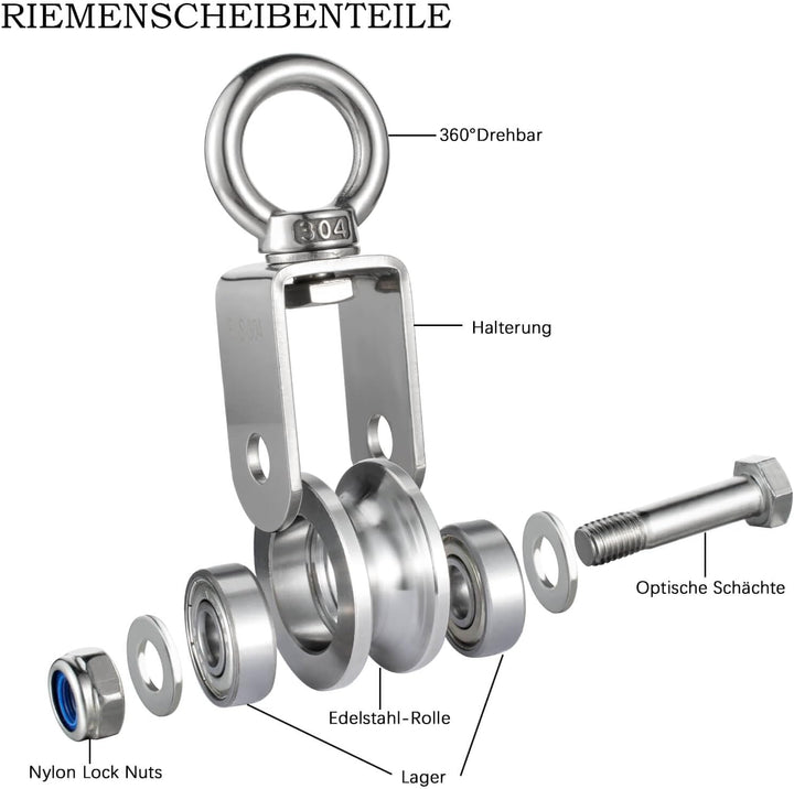 Umlenkrolle Stahlseil, Umlenkrollen mit 2 Kugellager, Seilrolle Fitness Edelstahl 304 Flaschenzug fü