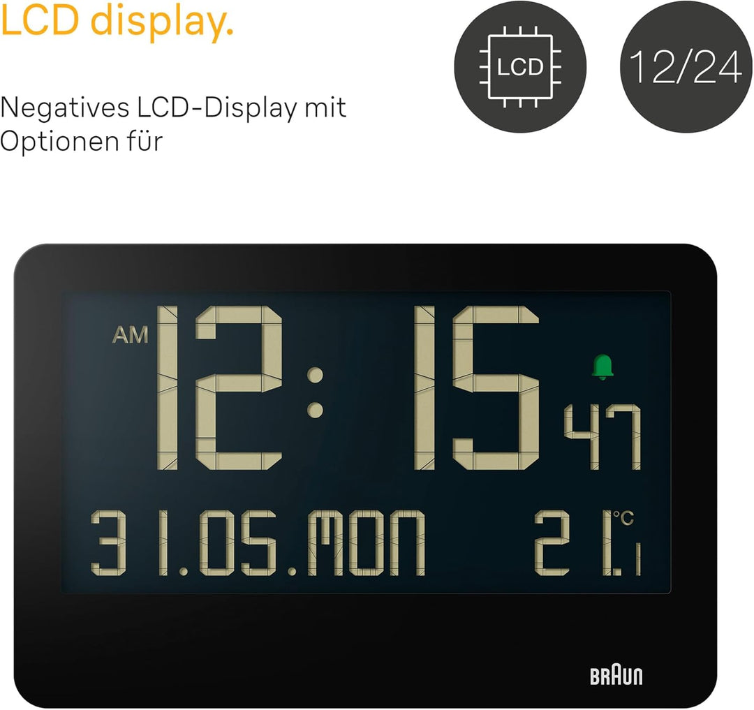 Braun Digitale Wanduhr mit Innentemperatur, Datum, Wochentag, grossem umgekehrtem LCD-Display, Schne