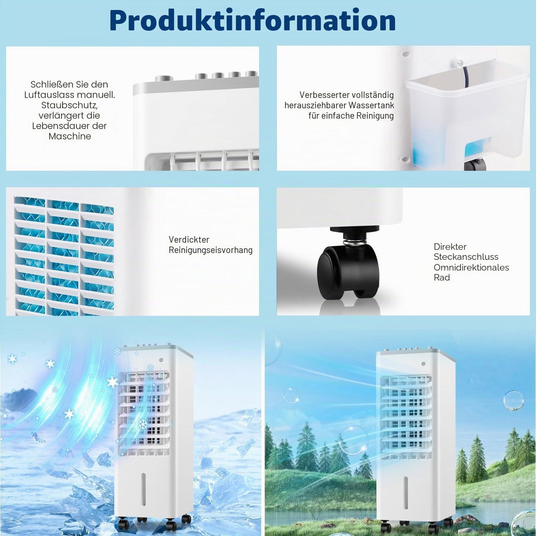 Ventilator mit Wasserkühlung, 6-Liter Verdunstungskühler mit Fernbedienung &amp; 2 Kühlakkus, 4-in-1-Rau
