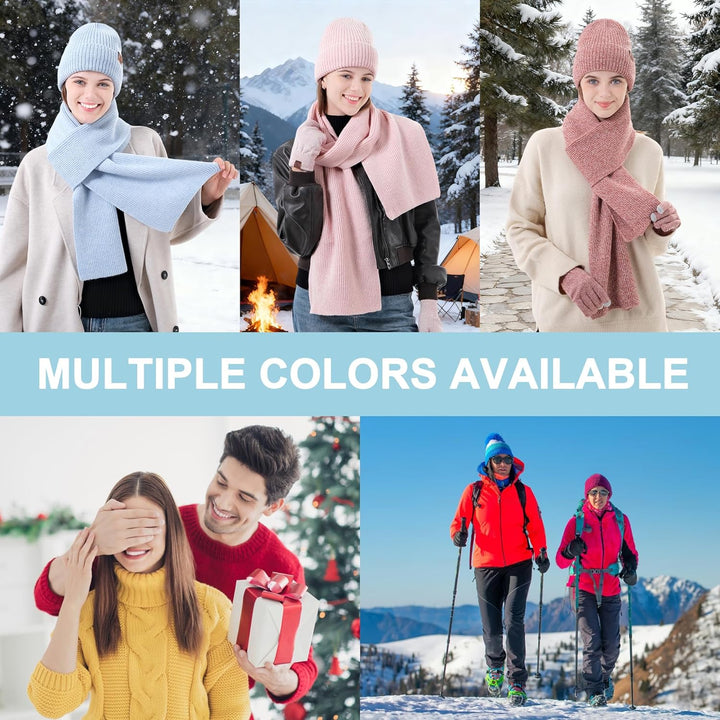 ZASFOU Damen Winter Mütze Schal Touchscreen Handschuhe Set Thermo Beanie Wintermütze Strickmütze Sch