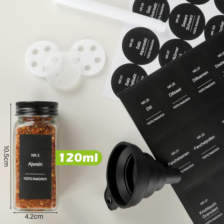 24er Set Gewürzgläser Eckig mit Streueinsatz - mit 324 Deutsch Wasserfeste Label - 120ml Luftdichte