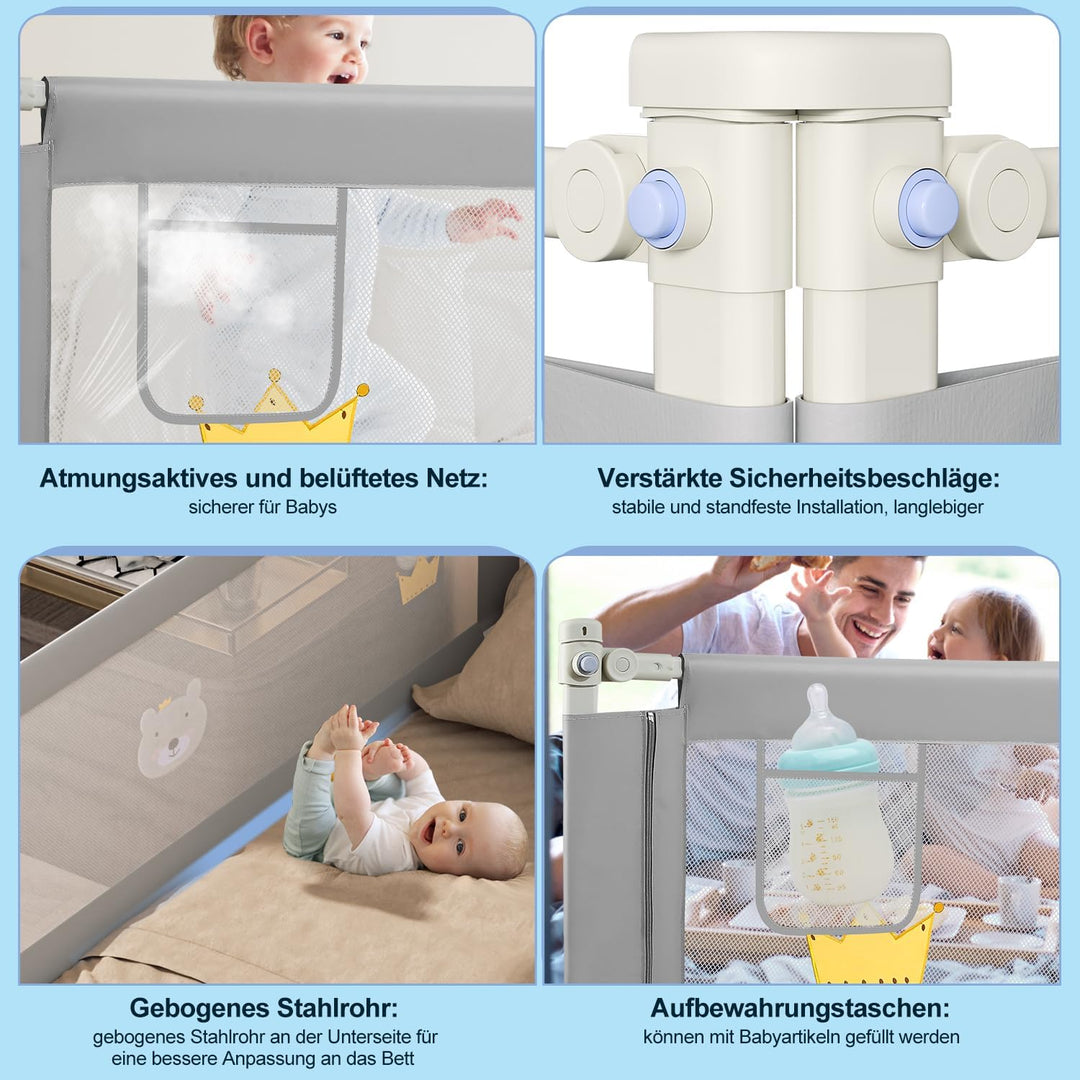 Ikodm Bettgitter 150cm, 70-98 cm Höhenverstellbar, Babybettgitter für Kleinkinder, Rausfallschutz Be