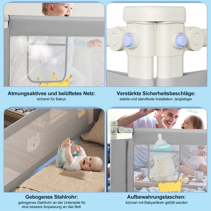 Ikodm Bettgitter 150cm, 70-98 cm Höhenverstellbar, Babybettgitter für Kleinkinder, Rausfallschutz Be