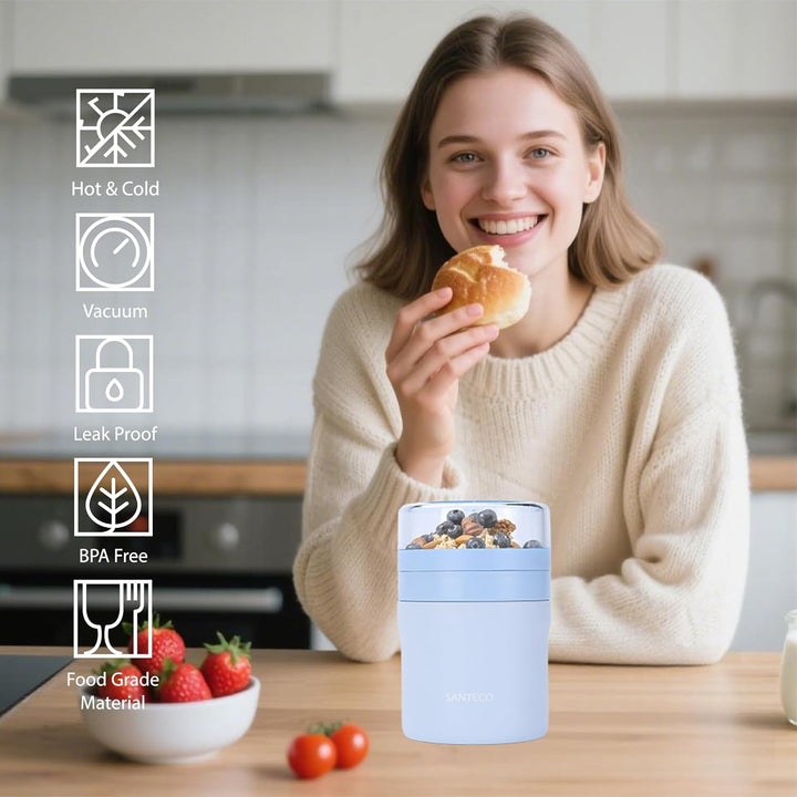 SANTECO Müslibecher to go 500ml+220ml Thermobehälter für Essen mit Löffel Hält 12 Stunden Warm, Spül