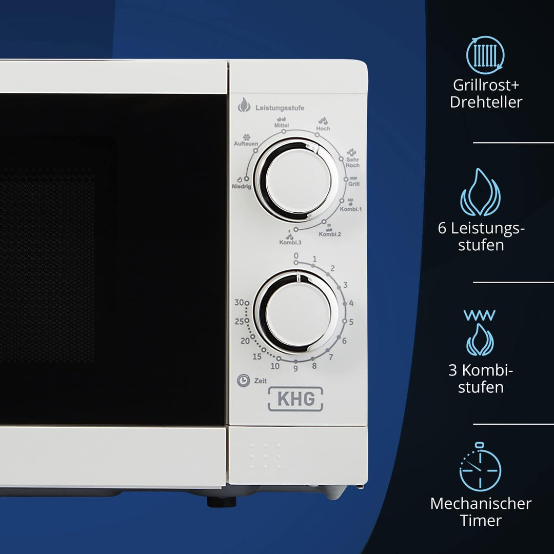 KHG Mikrowelle MW-20.1GW mit Grill 20l aus Metall in weiss, 6 Leistungsstufen und 3 Kombinationsstuf